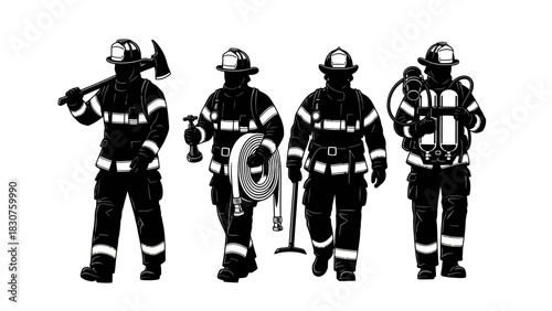 Four Brave Firefighters Standing Ready in Protective Gear with Tools