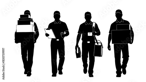 Delivery personnel in silhouette, carrying packages and bags, representing logistics and courier services