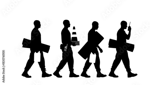 Silhouetted figures carrying construction cones and equipment in a procession