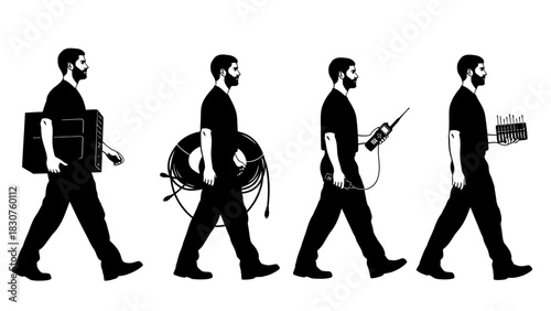 Illustration of four men walking, carrying different professional equipment and gear