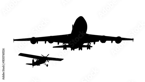 Silhouette of two airplanes, a large passenger jet and a small propeller plane, against a white background