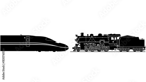 Silhouette comparison of a modern high-speed train and a classic steam locomotive on white background