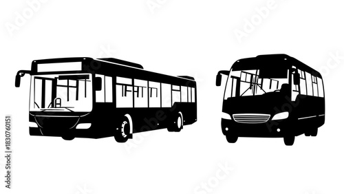 Two realistic black and white bus illustrations for transportation and travel concepts