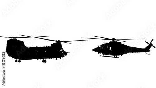 Two distinct silhouettes of helicopters against a clean white backdrop, one large transport, one agile attack