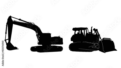 Construction equipment silhouettes an excavator and a bulldozer