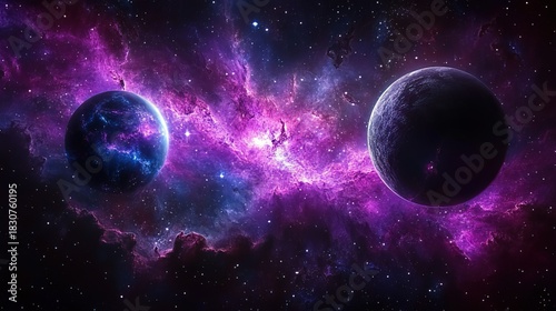 Vibrant Purple and Blue Nebula with Two Planets in Space