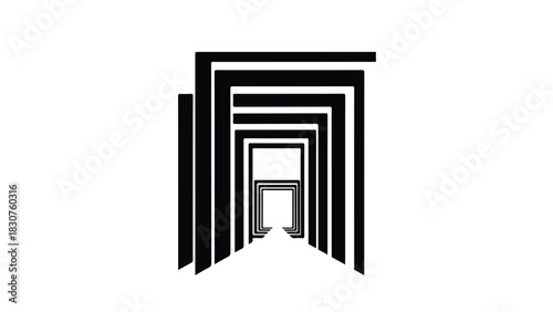 Abstract architectural perspective of repeating dark geometric archways receding into light