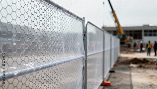 Medium shot showcasing mesh temporary construction fencing highlighting lightweight barrier material for crowd control and site isolation