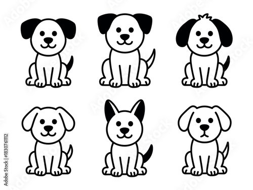 A set of six cute cartoon dogs sitting and looking forward with simple black and white illustrations, showcasing variety in ear shape and fur texture.