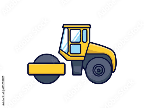 A bright yellow road roller illustration is depicted with a large roller in the front and wheels in the back, set against a clean white background.
