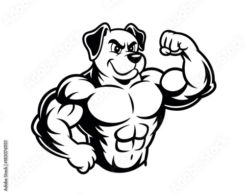 A muscular cartoon dog flexing its bicep, showcasing its strength and athletic physique.