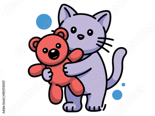 A cute cartoon cat is lovingly holding a red teddy bear in its paws.