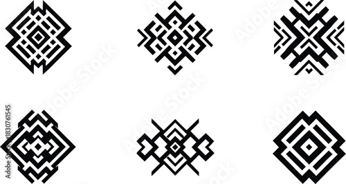 Intricate geometric tribal ethnic native american style diamond and rhombus symbols design elements for decorative logos isolated on white background.