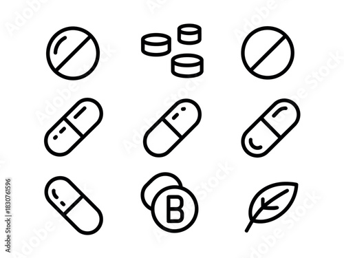 A collection of stylized icons depicting various pills, capsules, and a leaf symbolizing natural remedies and healthcare.