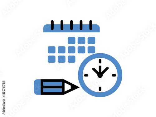 A calendar icon is shown next to a clock and a pencil, representing scheduling, planning, and time management for business tasks.
