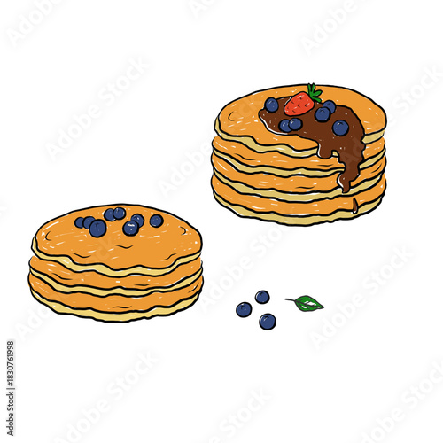 Fluffy pancakes topped with blueberries and chocolate. American breakfast, desert. Food illustration. Design for blog, cafe, menu, packaging, cookbooks, logo, social media. Hand drawn coloured sketch