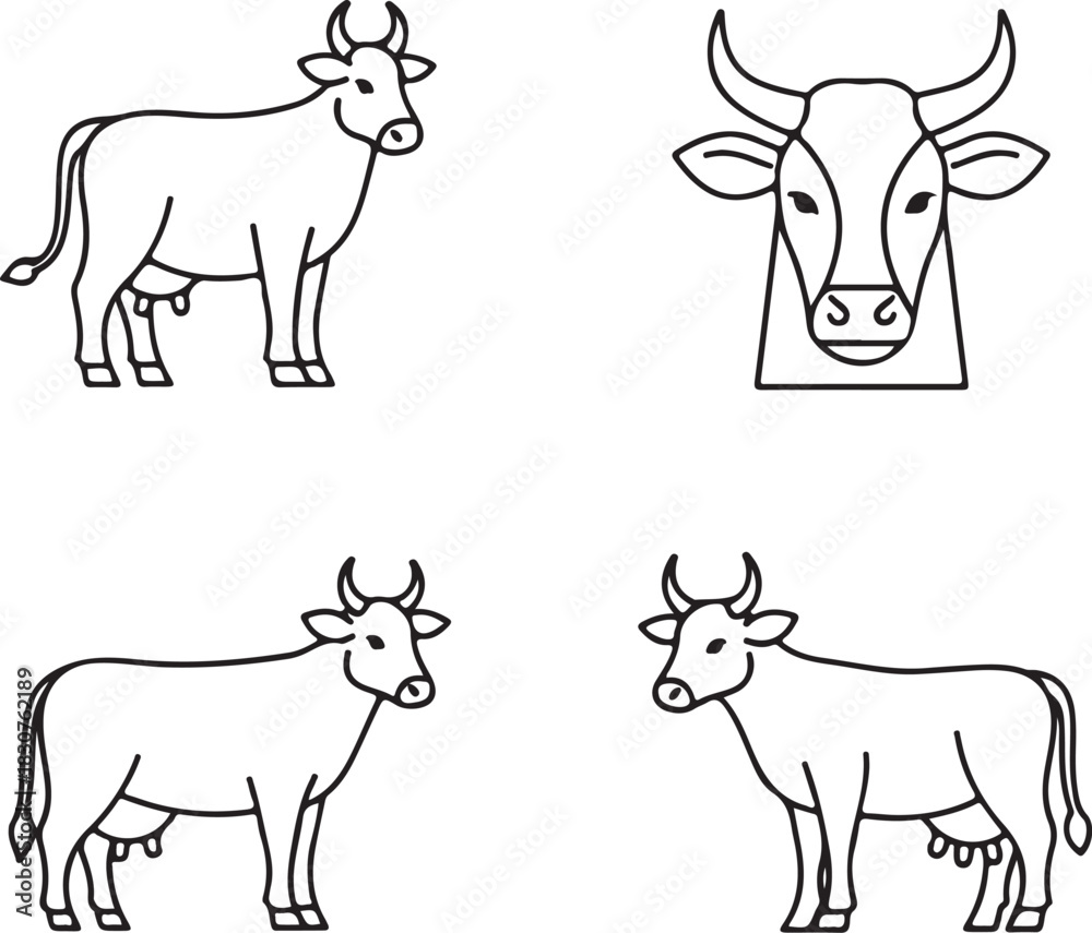 Fototapeta premium Cow line art illustrations farm animal vector graphic collection set for design