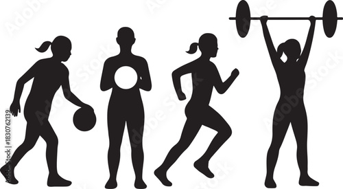 Diverse female silhouettes engaged in various fitness activities: basketball, exercise, running, weightlifting.