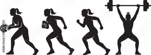 Four women athletes silhouetted, engaging in different sports: basketball, football, running, and weightlifting.