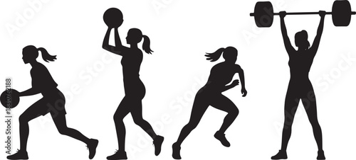 Female athletes in silhouette performing various sports: basketball, volleyball, running, and weightlifting.