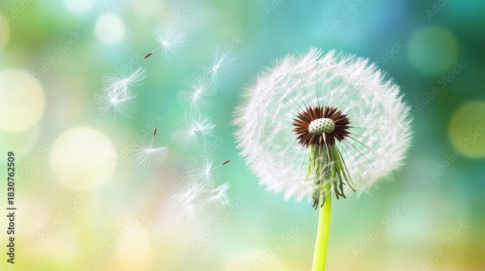 Fototapeta premium Dandelion seeds flying, soft pastel background
