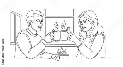Continuous line drawing of a couple toasting mugs by a fireplace on a winter holiday evening