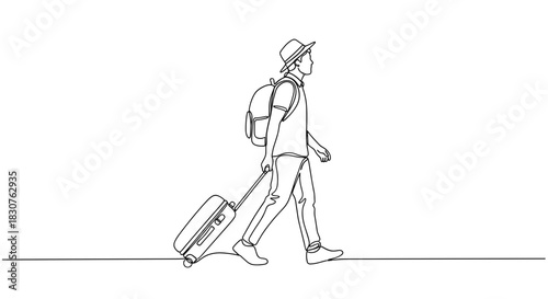 Continuous line drawing of a man with a hat pulling a suitcase and wearing a backpack on white background