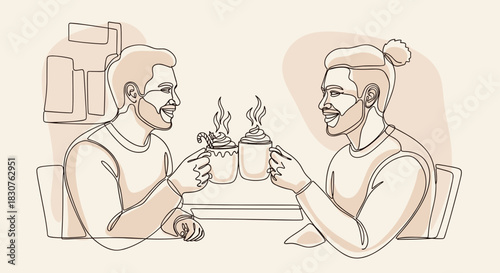 Two men toasting with hot beverages in a continuous line drawing style with a neutral color palette