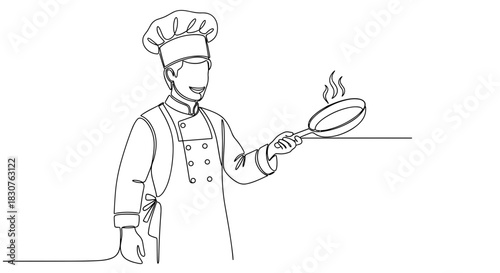 Continuous line drawing of a chef holding a frying pan with steam rising from it in black and white