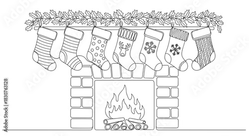 Illustration of a fireplace with hanging christmas stockings and holly garland on top of the mantel