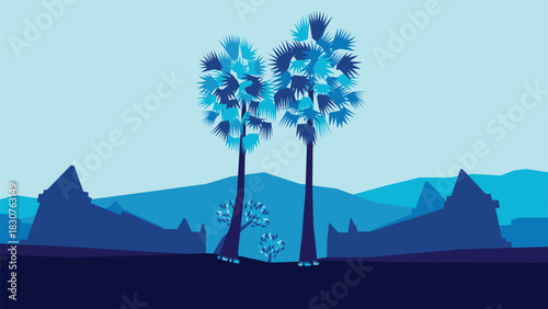 Wat Phu Temple, Laos Monochromatic Blue Vector Silhouette
