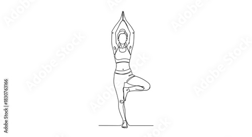 Line drawing of a woman in tree pose with arms raised above her head in a yoga position on white