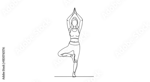 A woman in tree pose yoga position with hands together above her head in a continuous line drawing