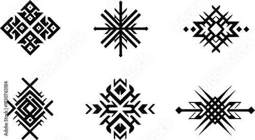 Abstract geometric and ornamental tribal vector set featuring diamonds and stars, native american and aztec decorative elements collection for modern badge, logo, and t-shirt print design.