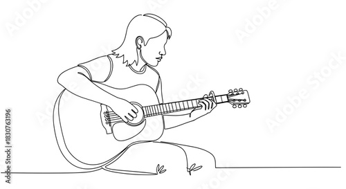Continuous line drawing of a person playing an acoustic guitar while seated in a relaxed position