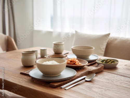 Wallpaper Mural A cozy dining table set for a Korean meal features rice bowls, kimchi, and vegetables, all beautifully arranged under soft natural light. The serene atmosphere invites a comforting experience Torontodigital.ca