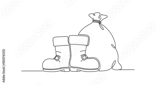 Continuous line drawing of santa boots with fur trim and a sack on a white background simple outline
