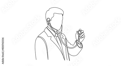 A line drawing of a doctor in a suit holding a stethoscope up to listen to a patient heart beat