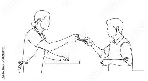 A barista offering a cup of coffee to a customer in a continuous line drawing style illustration