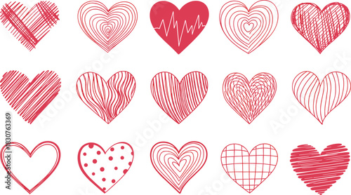 Heart icon collection, red pink love symbols, abstract romantic shapes, Valentine design, emotional graphics, vector set, textured style, decorative elements