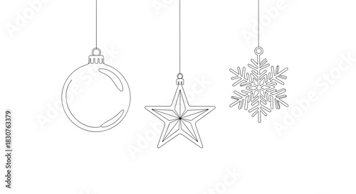 Outline drawing of christmas ornaments including a bauble a star and a snowflake hanging down