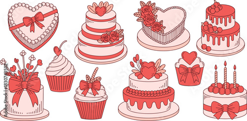 Romantic cake icons, decorated cupcakes, heart-shaped desserts, celebration sweets, vector set, pink red design, love theme, festive bakery graphics