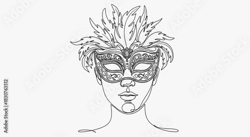 Line drawing of a person wearing an ornate feathered venetian mask with decorative swirls and embellishments
