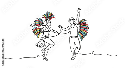 Continuous line drawing of a samba couple dressed in carnival costumes with colorful feathers dancing