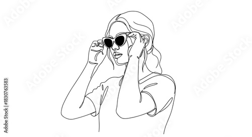 Line art of a woman adjusting sunglasses with a flowing hairstyle and simple t shirt outline design