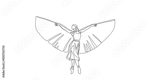 Line art of a ballerina in a dress with arms outstretched and a large wing like fabric behind her