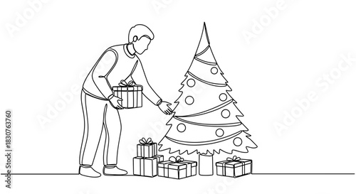 Man placing a gift near the christmas tree with other gifts around the base in a line drawing style