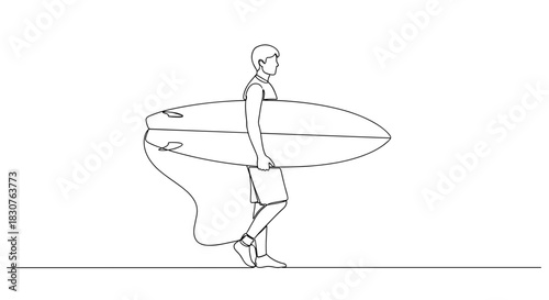 Line drawing of a man carrying a surfboard on his shoulder while walking on a straight line