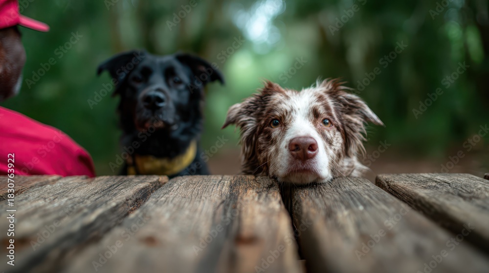 Obraz premium Two dogs relax while resting their heads on a wooden table, showcasing loyalty, companionship, and the simple joy of being together in nature's embrace.