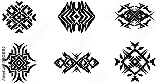 Abstract geometric and tribal ornamental design elements collection, native american and aztec decorative vector set for modern tattoo, t-shirt print, logo, and brand identity design.
